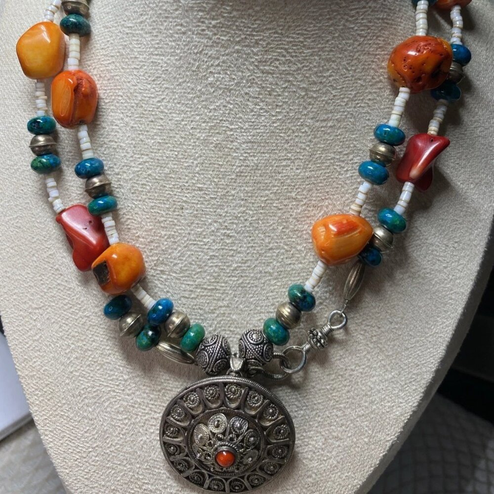Vintage Yemenite Filigree 925 Silver Coral Turquoise Necklace 34”